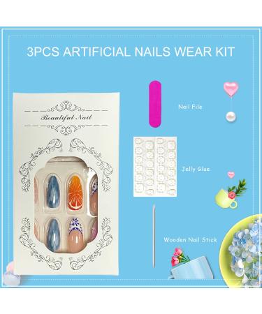 3D Oranges Press-On Nails | Medium Almond Summer Fruit Fake Nails | Full Cover Acrylic French Tip - 24 Pcs for Women - Buy Online on GoSupps.com