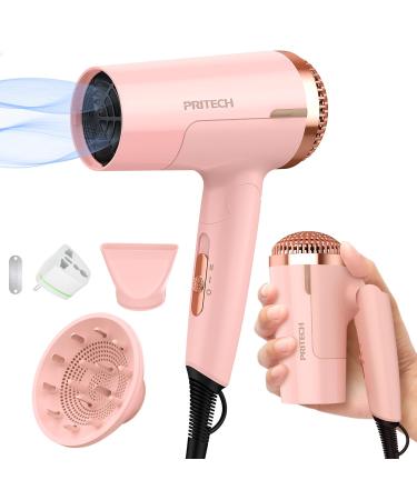 PRITECH Dual Voltage Hair Dryer with Diffuser 1200W Compact Foldable ALCI Safety Plug Pink Pink2 7 Piece Set