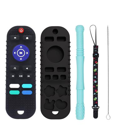 MAYAPHILOS 2-Pack Silicone Baby Teething Toys TV Remote Control Shape Teether Toys for Babies 6-18 Months Infant Sensory Chew Toys BPA Free Black Black-1