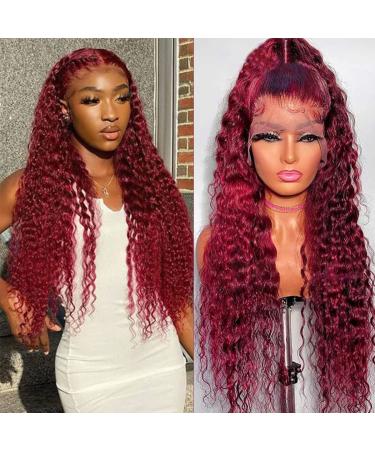 MAXTASK Burgundy Lace Front Wigs Human Hair Pre Plucked 99J Deep Wave Wig 13x4 HD Lace Frontal Wigs for Black Women Human Hair Red Colored Wet and Wavy Curly Wigs Glueless Human Hair Lace Front Wigs Brazilian Virgin Huma...