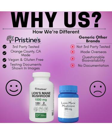 PRISTINE'S Lion's Mane Mushroom Supplement Capsules - Focus & Cognitive Function Adaptogen - 1000mg 60 Day Supply - Immunity Memory and Focus for Adults - Vegan - Non-GMO - Buy Online on GoSupps.com
