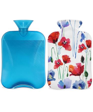 Hot water bottle with cover blue and red poppy motif 2 l capacity for pain relief feet menstrual cramps