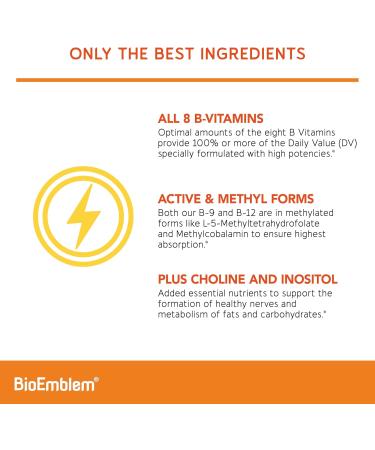 BioEmblem Vitamin B Complex | All 8 Essential Vitamins with Methyl Folate Methyl B12 Choline & Inositol | Non-GMO Vegan Gluten-Free | Energy Brain and Metabolism Support | 180 Capsules 2pack_90 Capsule - Buy Online on GoSupps.com