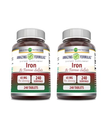 Amazing Formulas Iron as Ferrous Sulfate Supplement | 65 Mg | Tablets | Non-GMO | Gluten Free | Made in USA (240 Count | 2 Pack)