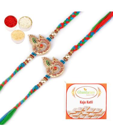 Ghasitaram Gifts Rakhi for Brother Rakhis Online - Set of 2-8528 Fancy Thread Rakhi with 200 GMS of Kaju katli