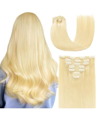 Agmity real hair extensions clip in extensions real hair 35cm 110g 7 piece invisible straight seamlessly double sewn clip in real hair (35cm #613 bleach blonde)