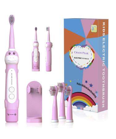 Dinosaur Electric Toothbrush Kids Sonic Toothbrush for Children Toddlers Boys Girls Age 3-12 with 30s Reminder 2 Mins Timer 5 Modes 4 Brush Heads Rechargeable Wall-Mounted Holder 8680 Pink+ 4 Heads+ Holder