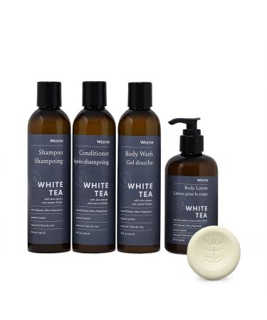 Westin White Tea Aloe Bath & Body Set - Amenity Set with 8 oz. Bottles of Shampoo  Conditioner  Body Wash  and Body Lotion and 5 1 oz. Leaf Soap Bars - White Tea Scent