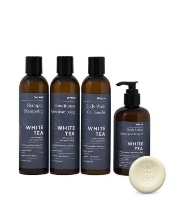 Westin White Tea Aloe Bath & Body Set - Amenity Set with 8 oz. Bottles of Shampoo  Conditioner  Body Wash  and Body Lotion and 5 1 oz. Leaf Soap Bars - White Tea Scent - Buy Online on GoSupps.com