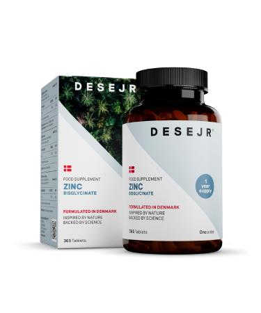DESEJR Zinc 365 Tablets (1 Year) - 25 mg Bioactive Zinc Bisglycinate - Made in Germany Laboratory-Tested GMO-Free Vegan - 1 Tablet/Day