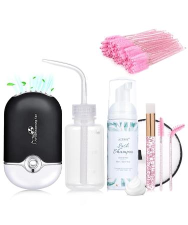 Eyelash Extension Shampoo Kit 60ml Unscented Lash Extension Cleanser with Lash Fan Black Professional Eyelid Foaming Cleanser Paraben & Sulfate Free Non-lrritating Unscented 60ml-Kit(Black)