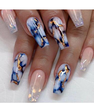 Coffin Press on Nails Medium Length Fake Nails Artificial False Nails with Blue Marble & Sequins Designs Glossy Acrylic Nails Nude Full Cover Glue on Nails for Women 24 Pcs