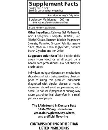 Doctor's Best SAM-e 200 mg - 60 Enteric Coated Tablets for Joint & Mood Support - Buy Online on GoSupps.com