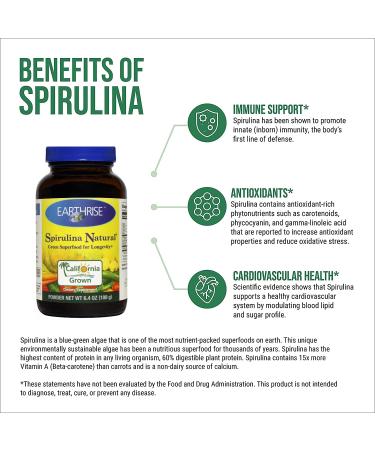 Earthrise  Spirulina Natural 6.4oz powder Natural Premium Spirulina from California- Vegan Gluten Free Keto Friendly Non -GMO Super Food high in vitamins & minerals. - Buy Online on GoSupps.com