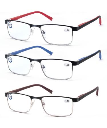 MODFANS 3 Pack Reading Glasses Men Women Blue Light Filter Metal Frame Rectangle Style Stainless Steel Material Red Blue Brown +1.75 Color123