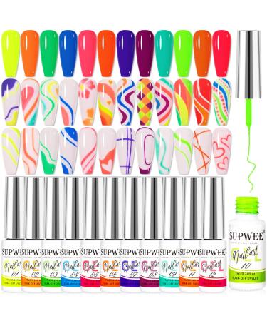 SUPWEE Neon Nail Art Gel Liner Set - 12 Colors Fluorescent Liner Gel Polish Neon Yellow Green Orange Hot Pink Spring Summer Nail Art Painting Manicure Soak Off UV Gel Nail Salon Kit YGLXJ118