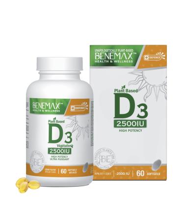Benemax Vitamin D3 2500 IU For Healthy Bones Teeth and Helps Prevent Vitamin D Deficiency Plant Based & Vegan 60 Day Supply