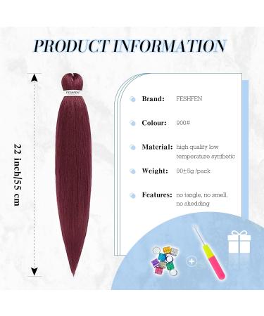 Feshfen Pre Stretched Hair Extensions - 55 cm Yaki-Texture Braids (8-Pack) - Burgundy 900# - Premium Synthetic Hair for Easy Braiding - Buy Online on GoSupps.com
