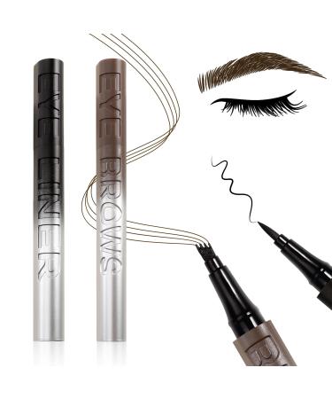 Boobeen Crayons sourcils liquides imperm ables avec pointes 4 fourches 2 pi ces set de crayons sourcils et d'eye-liner pour microblading pour un maquillage naturel des yeux 2 unit (Lot de 1) Noir et brun fonc