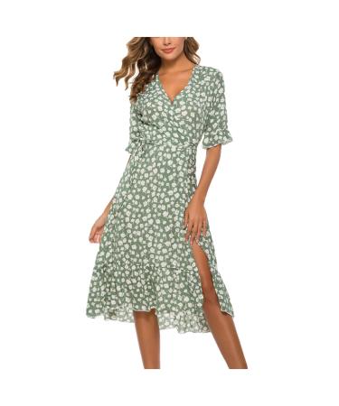 Women's Summer V Neck Dresses Short Sleeve Long Dresses Pleated High Waist Flowy Ruffle Hem Slit Sun Dress Loose Beach Dress Green XX-Large