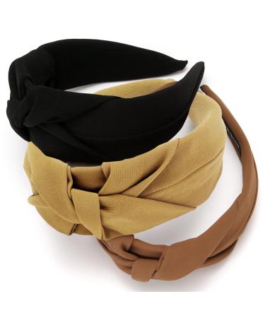 3PCS Pure Color Wide Knotted Headbands Set - Elastic Hair Accessories for Women and Girls (Black+Beige+Brown) - Buy Online on GoSupps.com