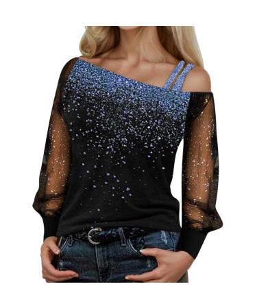 Pianshazanium seede top women women shiny sequins T-shirt top elegant long-sleeved shirt festive blouse tunic glitter party shirt casual tops long arm blousa v-cutting loose oversize m blue