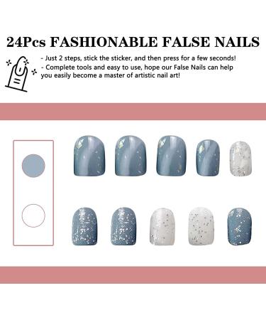 24Pcs Short Square Blue Marble French Tip Press On Nails for Women - Glossy Acrylic Fake Nails with Designs - Buy Online on GoSupps.com