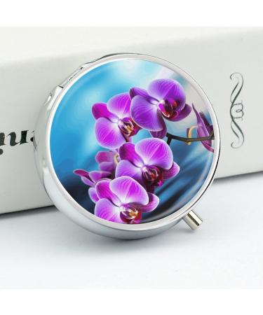 Beautiful Orchid Print Round Pill Box - 3 Compartment Portable Medicine Organizer | Decorative Metal Pocket Pill Case - Buy Online on GoSupps.com