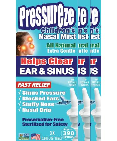Pressureze All Natural Sterile Nasal Spray for Children - Fast Relief for Sinus Allergies & Congestion | 130 Sprays - 18 ml (Pack of 3) - Preservative-Free & Effective - Buy Online on GoSupps.com
