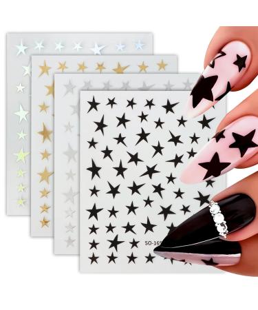 4 Sheets Star Nail Stickers 3D Gold Silver Black Christmas Star Manicure Decals Self Adhesive Nails Decoration