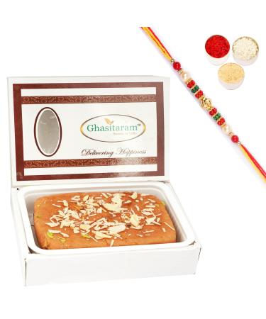 Ghasitaram Gifts Rakhi Gifts for Brothers Jaggery (Gud) Cashew Mithai Cake with Pearl Beads Rakhis Jaggery (Gud) Cashew Mithai Cake with Rakhis