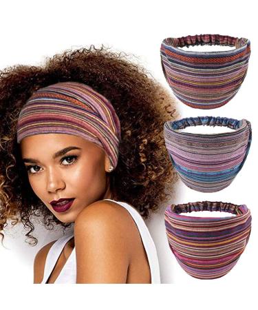CAKURE Boho Wide Headbands African Head Wraps Stretchy Hairbands Stripe Turban Head Bands for Women and Girls Pack of 3 (Set1)