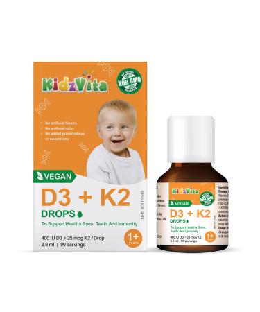 KidzVita - Organic Vegan Vitamin D3 & K2 Drops 400 IU - Support Healthy Bone Teeth and Immunity - Children s Multivitamin For 1 to 8 Years Old 3.6 ML 90 Servings