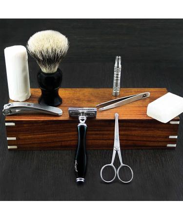 9-Part Classic Silver Tip Shaving Set in Antique Wooden Box | Hair Brush Foam Scissors & More - International Shipping Available - Buy Online on GoSupps.com
