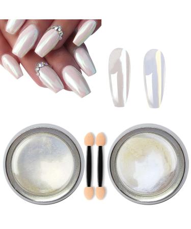 GZMAYUEN Pearl Nail Powder 2 Colors White Pearl Chrome Nail Powder Pearl Iridescent Powder for Nails Art Design 04