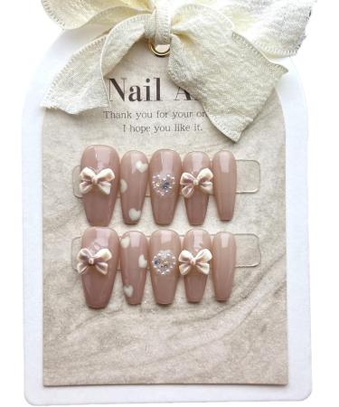 Nude colored pearl bow hand worn nail ladder wearable nail patch detachable fake nails 10pcs (Size : XS) - Buy Online on GoSupps.com