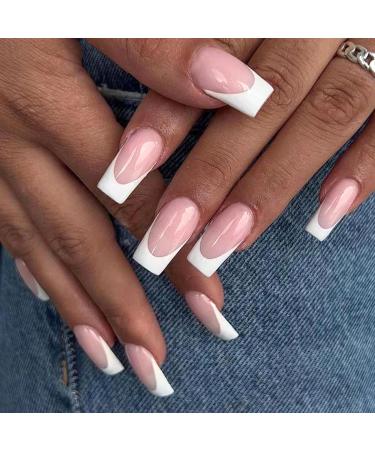 AddFavor 120pcs White French Tip Press on Nails - Medium Square Fake Nails for Women & Girls | Nude False Acrylic Nails with Adhesive Tabs - Buy Online on GoSupps.com