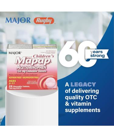 MAJOR Children s Mapap Acetaminophen 160 mg Chewable Tablets - Pain Reliever/Fever Reducer - Aspirin Free - Ibuprofen Free - for Ages 2 to 11-24 Count (3 Pack) 24 Count (Pack of 3) - Buy Online on GoSupps.com