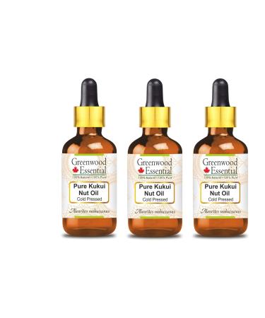 Greenwood essential natural kukui nut oil (aleurites moluccanus) with glass dripper natural pure therapeutic quality cold -pressed (pack of three) 100ml x 3 (10 oz)