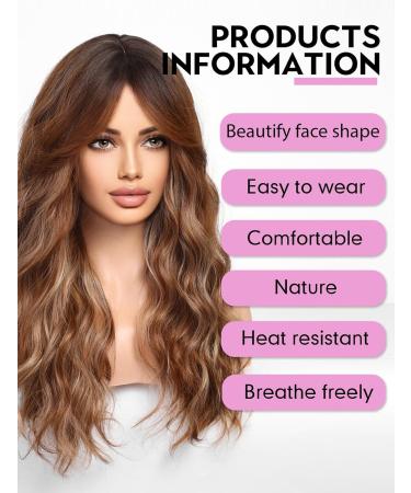 WOKESTAR Long Highlight Brown Synthetic Hair Wig with Curtain Fringe for Women - Buy Online on GoSupps.com