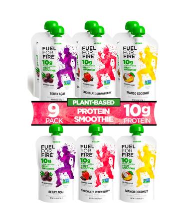 Fuel For Fire VEGAN - Fruit & Vegan Protein Variety Smoothies (9 Pack) Ready-to-Drink Squeeze Pouch | Soy Free, Lactose Free, Dairy Free, Plant-based Pea & Rice Protein, Vegan, Gluten Free | On the Go Vegan Variety 4.5 Ounce (Pack of 9)