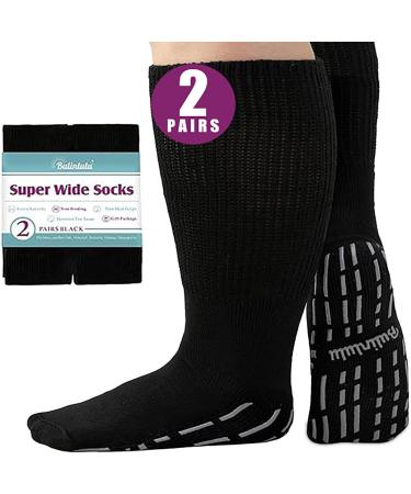 Bulinlulu Extra Width Socks for Swollen Feet-2 Pairs Hospital Grip Socks Bariatric Socks Diabetic Socks for Women Men 13-15 Lymphedema Socks-2 Pairs Black