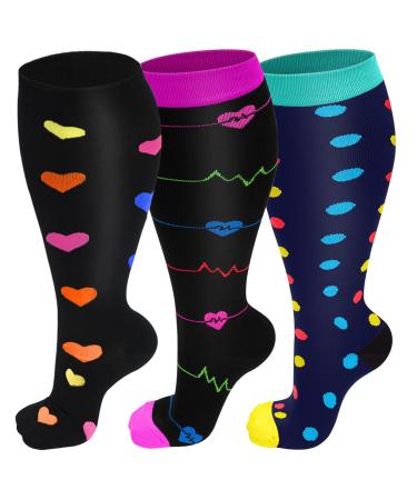 3 Pairs Plus Size Compression Socks (20-30 mmHg) for Women & Men Wide Calf Extra Large Knee High Stockings for Nurses Seniors 2XL Mixed-A