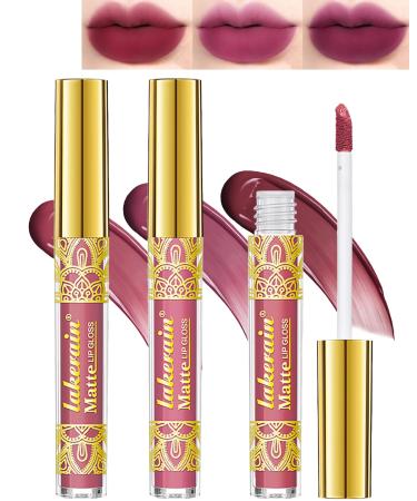 Matte Liquid Lipstick Kit-3Pcs Dark Red Plum Lipcolor Lip Tint Stain Lip Gloss Longlosting Waterproof Lipstain Lipgloss Makeup Gift for Women labiales mate 24 horas originales labiales magicos-Set 04 Set 04#