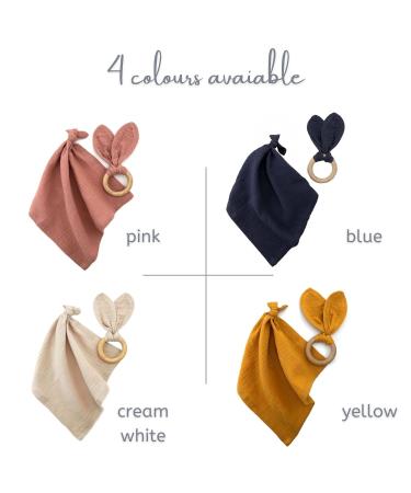 Organic Cotton Security Blanket & Bunny Ears Teething Ring Set for Babies | 100% Muslin Fabric & Wooden Teether in Yellow - Buy Online on GoSupps.com