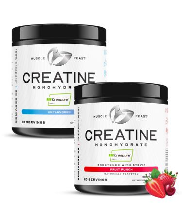 Muscle Feast Creapure Creatine Monohydrate Powder Bundle Natural Fruit Punch 300g & Unflavored 300g Vegan Gluten-Free Keto-Friendly 60 Servings Each