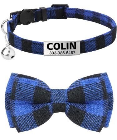 TagME Personalized Cat Collar, Breakaway Kitten Collar with Cute Bow Tie & Bell, Stainless Steel Slide-on Pet ID Tag Engraved with Name & Phone Numbers 1 Count (Pack of 1) Blue
