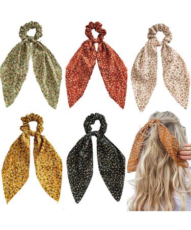 5 Pcs Floral Hair Scarf with Ribbon Bow for Woman Girls, Bow Scrunchies for Hair, Hair Scrunchies with Bow, Chiffon Floral Scrunchie Long Hair Bands Ties Ponytail Holder