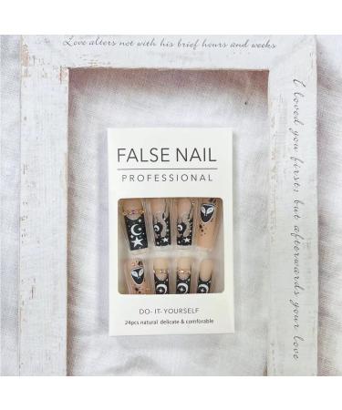 RIICFDD Extra Long Black Press on Nails with Star Moon Flame Designs - 24PCS - Buy Online on GoSupps.com