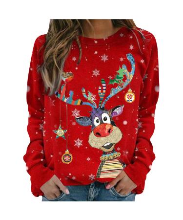 Christmas Sweatshirts for Women Funny Cute Reindeer Print Long Sleeve Shirts Crewneck Pullover Tops Teen Girls Gifts X-Large A01_red